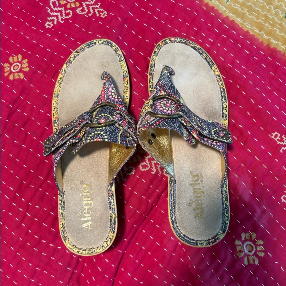 Algeria wedge sandal. Women’s size 10. Leather upper lining. Multi color.